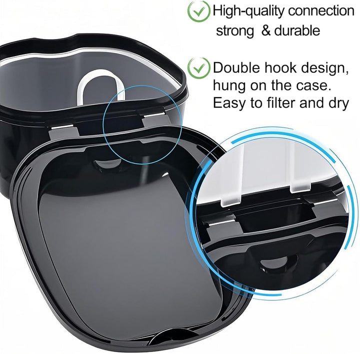 Black Denture Soaking Container Partial Denture Case, Orthodontic Retainer Cleaning Case Denture Cleaner Container Dentures Teeth Cup with Strainer and Lid Waterproof