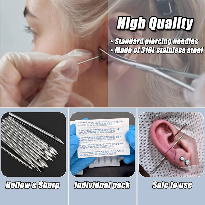 100Pcs Piercing Needles Mixed 12G 14G 16G 18G 20G Hollow Needles for All Piercings