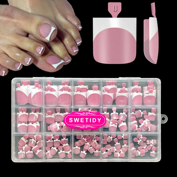 Toe Nail Press Ons, French Tips Toe Press on Nails, 150Pcs Square Pre-Designed Soft Gel Thick False Toenail Extension, Berry Pink Full Cover Acrylic for DIY 15 Sizes
