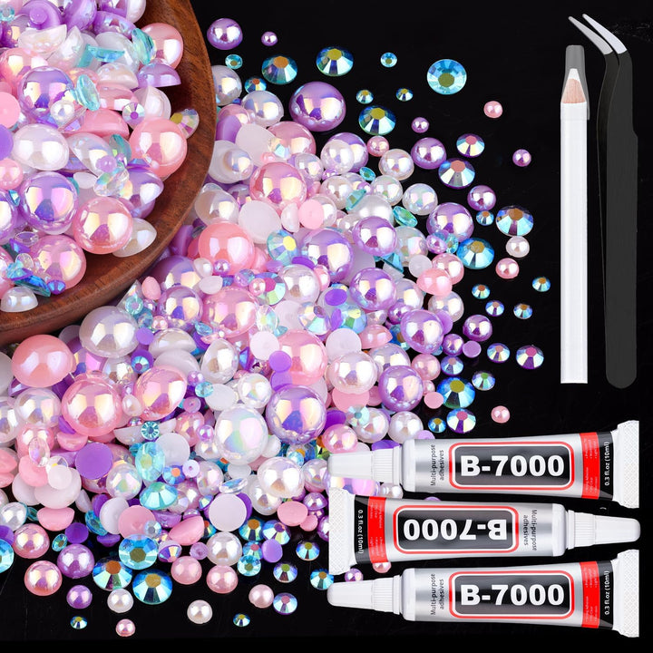 9000PCS Flatback Pearls and Pink Rhinestones for Bedazzling Kit, Pink White 3-10Mm Resin Rhinestones Gems and Half Pearls for Crafting, Nail Art and Grad Cap Decor with B7000 Jewelry Glue