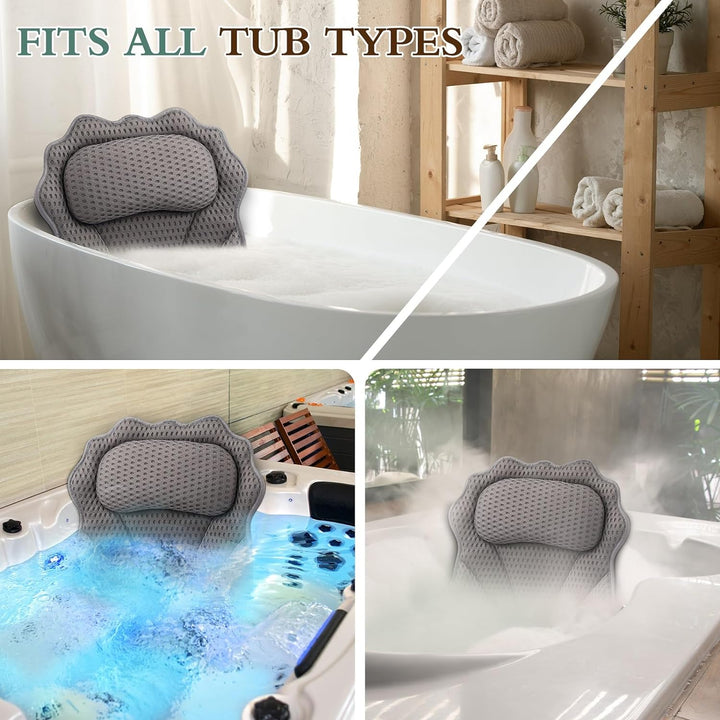 Bath Pillow  Ergonomic Luxury Bathtub Pillow with Head,Neck, Shoulder and Back Support, 4D Bath Pillows for Tub with 6 Powerful Suction Cups, Fits All Bathtub
