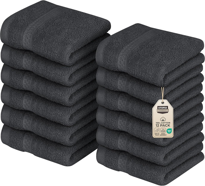 12 Pack Premium Wash Cloths Set, 12 by 12 Inches, 100% Cotton Ring Spun, Highly Absorbent and Soft Feel Essential Washcloths for Bathroom, Spa, Gym, and Face, Grey