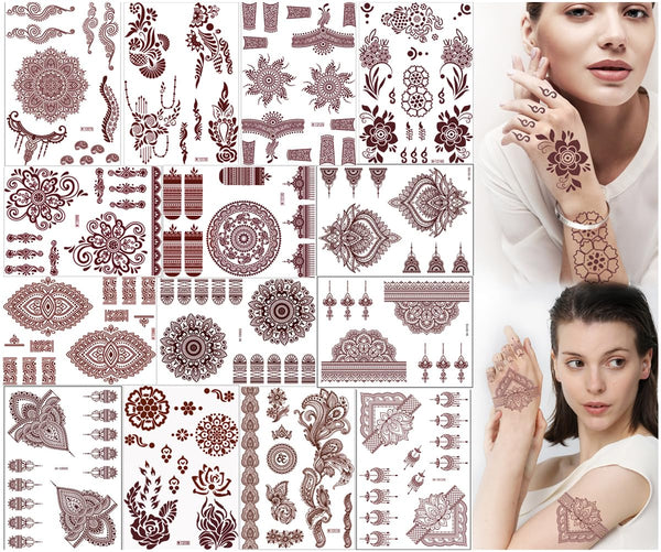 14 Sheets Henna Tattoos Temporary Stickers 10Pcs Brown Tattoo Templates Women Body Art Stickers for Wedding Party (Brown)