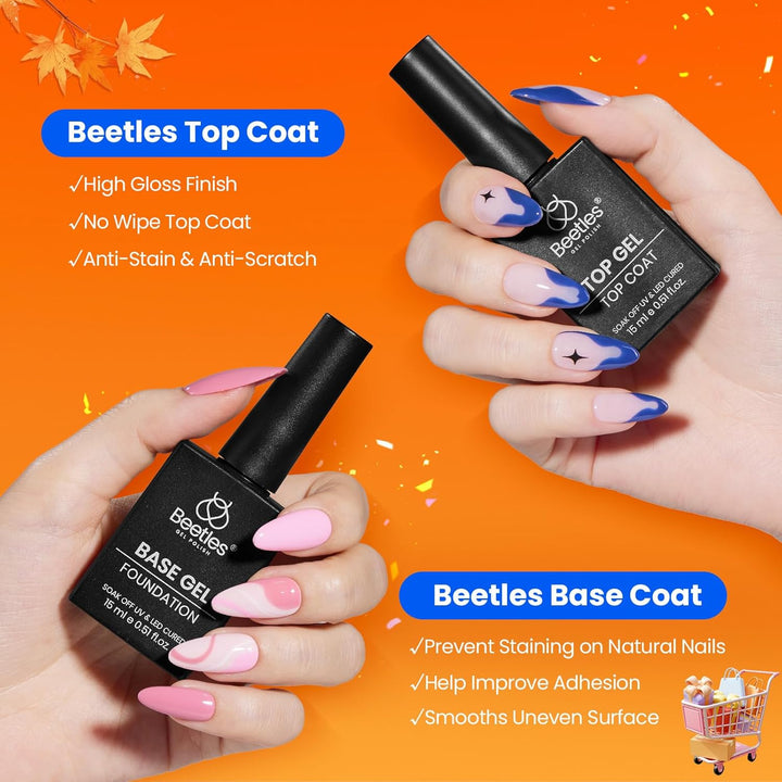Beetles No Wipe Gel Top Coat and Base Coat Set for Gel Polish - 2Pcs 15Ml Super Shiny and Long Lasting Soak off UV/LED Lamp Needed, Halloween Nail Art Design Gift