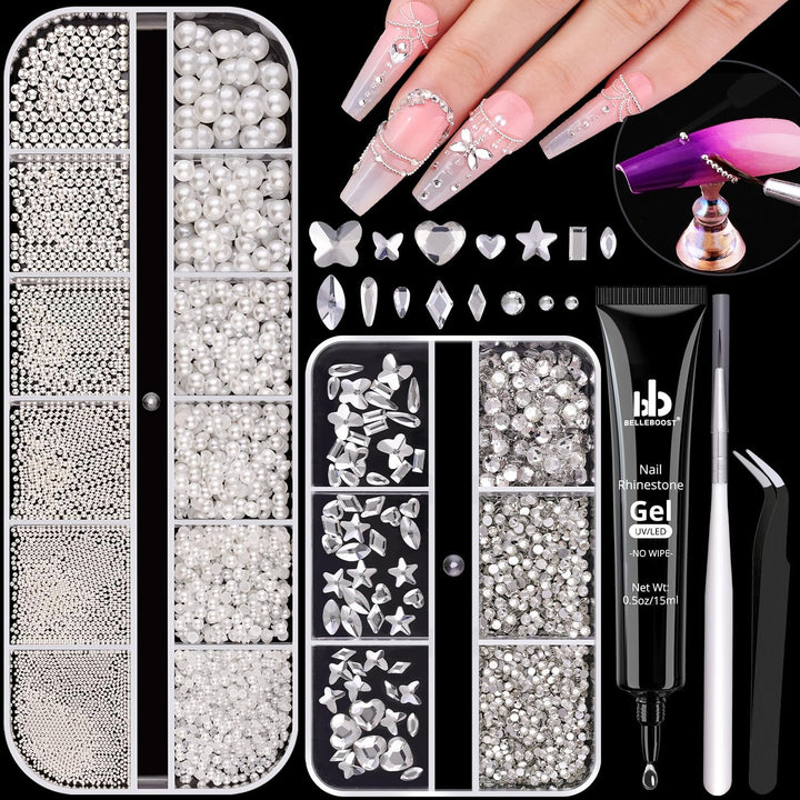 2 Boxes Flatback Pearls (White+Beige) and Metal Nail Beads (Silver+Gold) for Nail Art, Luxurious Pearl Nail Charms and Gems and Small round Caviar Beads Nail Accessories for Acrylic Nail Tips Manicure