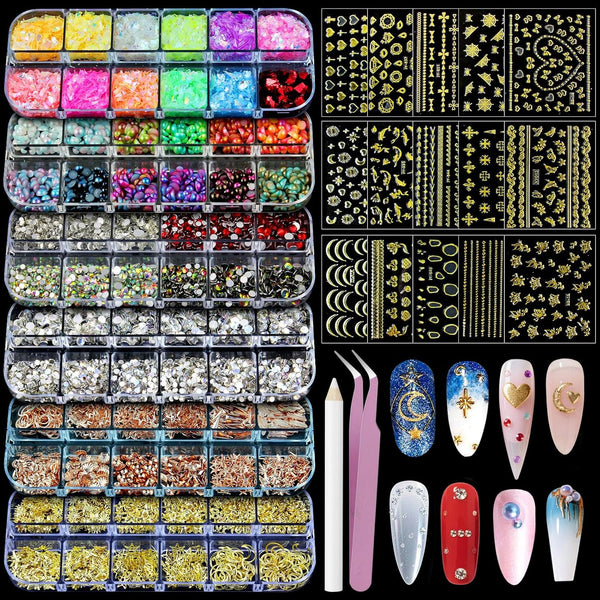 Nail Art Studs Kit, 6 Boxes Multicolor and Design 3D Charms with 15 Sheets Gold Nail Stickers, Diamond Cute Nail Jewels for DIY Decoration with Pickup Tools