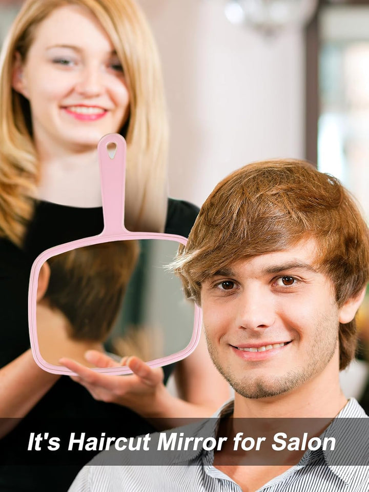 Hand Mirror Salon Barber Hairdressing Handheld Mirror with Handle (Square Pink 7.4 X 10.3 Inches)