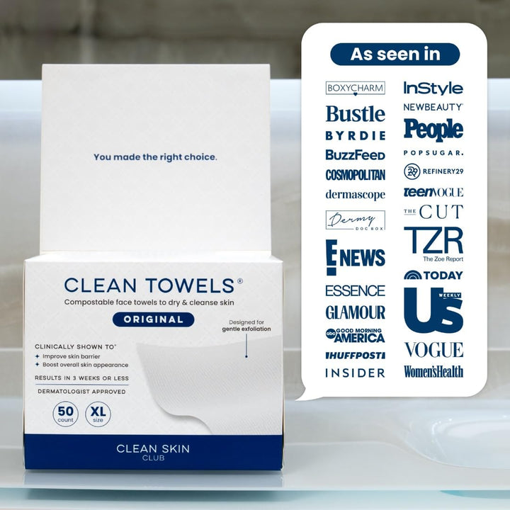 Clean Towels XL®, 100% USDA Biobased Face Towel, Disposable Face Towelette, Eczema Association Accepted, Makeup Remover Dry Wipes, Ultra Soft, 1 Pack, 50 Ct