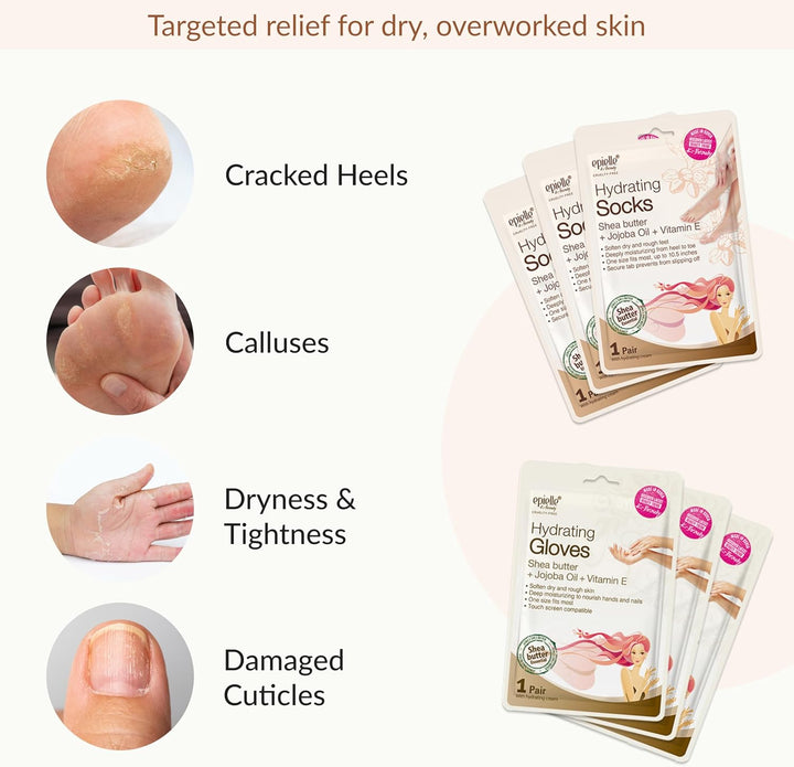 Hydrating Hand & Foot Masks 12 Pairs, Deep Moisturizing Socks & Gloves, Soften Dry Hands & Cracked Heels with Shea Butter & Jojoba Oil, Korean Skin Care, Foot Spa, Self Care Gifts for Women