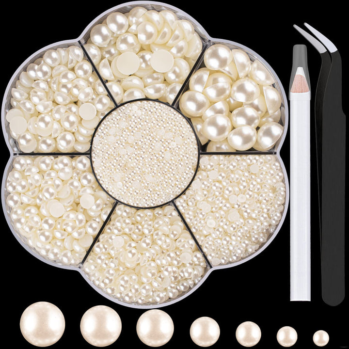 Nail Art Flat Back Half round Pearl Kits 3, Mixed Sizes 6000 Pcs White Small Pearls for Nails with Picking Tools for Graduation Cap Decorations Home DIY Body Face Craft Salon Use