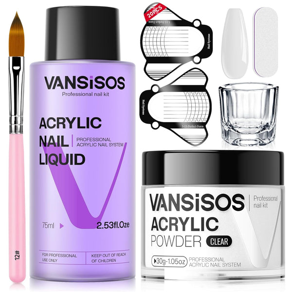 Acrylic Nail Kit: 30G Clear Acrylic Powder and 75Ml Liquid Set with Nail Brush and Forms Nails Extension Kit for Beginners for Home DIY Salon Nails Application