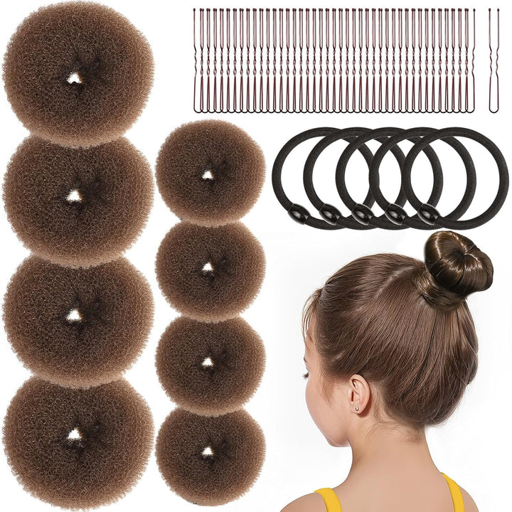 Hair Bun Maker for Kids, 4PCS Donut Bun Maker Small with 4PCS Extra Small Hair Buns Kit. Ballet Hair Bun Maker for Kids, Hair Bun Set with Elastic Hair Ties, Hair Pins.(Brown)