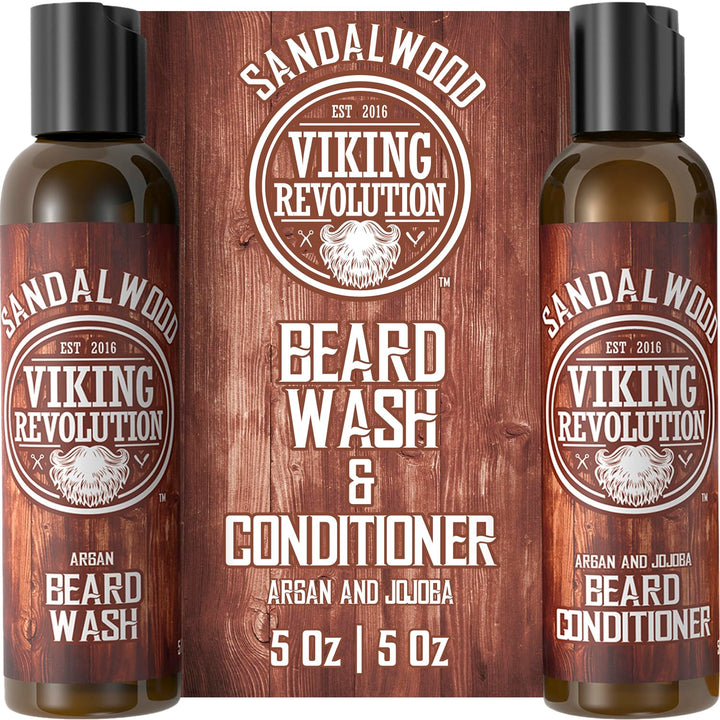 Beard Wash & Beard Conditioner Set W/Argan & Jojoba Oils - Softens & Strengthens - Natural Beard Shampoo W/Beard Oil Sandalwood (5Oz)
