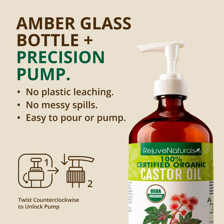 Castor Oil (16Oz Glass Bottle) USDA Certified Organic, 100% Pure, Cold Pressed, Hexane Free. Boost Hair Growth for Thicker, Fuller Hair, Lashes & Eyebrows.