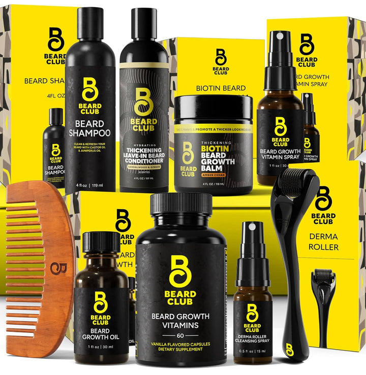 Enhanced Beard Growth Kit - Derma Roller, Beard Growth Oil (2PK), Sandalwood Beard Balm, Comb - Gift Set