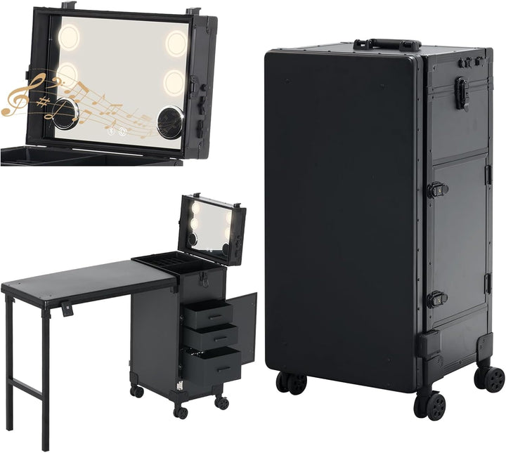 Rolling Portable Manicure Table with 3 Drawers, Lockable Makeup Train Case with Mirror & Nail Polish Organizer, Foldable Nail Desk with Wheels & Handle for Mobile Nail Techs & Salon Use, Black