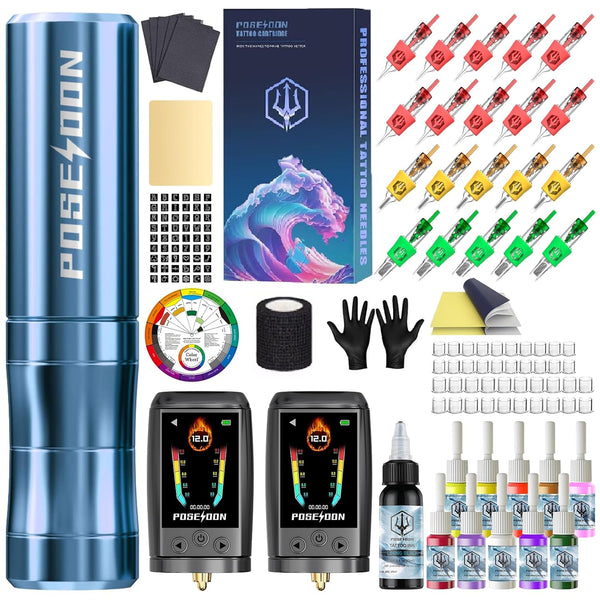 POSEIDON Tattoo Gun Kit - Cordless Tattoo Kit with 2Pcs 2300Mah Color-Display Power Supplies 20Pcs Tattoo Cardridge Needles 11 Inks Complete Tattoo Machine Kit Supplies for Beginners