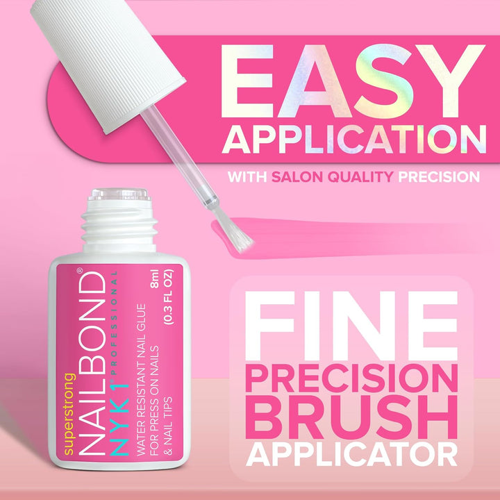 Super Strong Nail Glue for Press on Nails, Nail Tips & Acrylic Fake Nails (8Ml)  Nailbond Brush on Glue for Press Ons, Tips & Acrylics - Long Lasting, Maximum Strength, Mess-Free Application