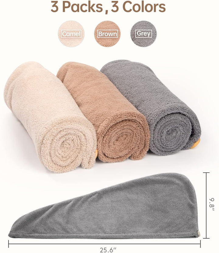 3 Pack Hair Drying Towels, Hair Towel with Button, Super Absorbent Microfiber Hair Towel for Curly Hair, Fast Drying Hair Wraps for Women Girls, Microfiber Towel for Hair