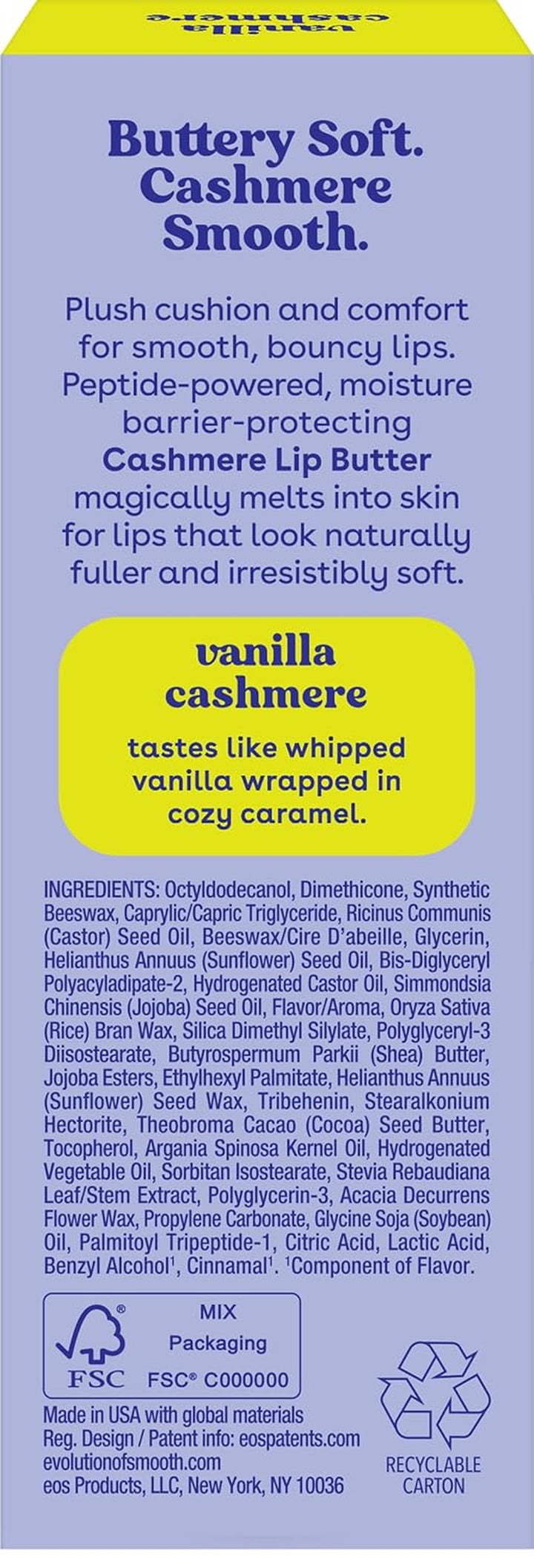 Cashmere Lip Butter, Vanilla Cashmere,  Lip Butter with Plumping Peptides for Smooth Lips, 0.35 Fl Oz