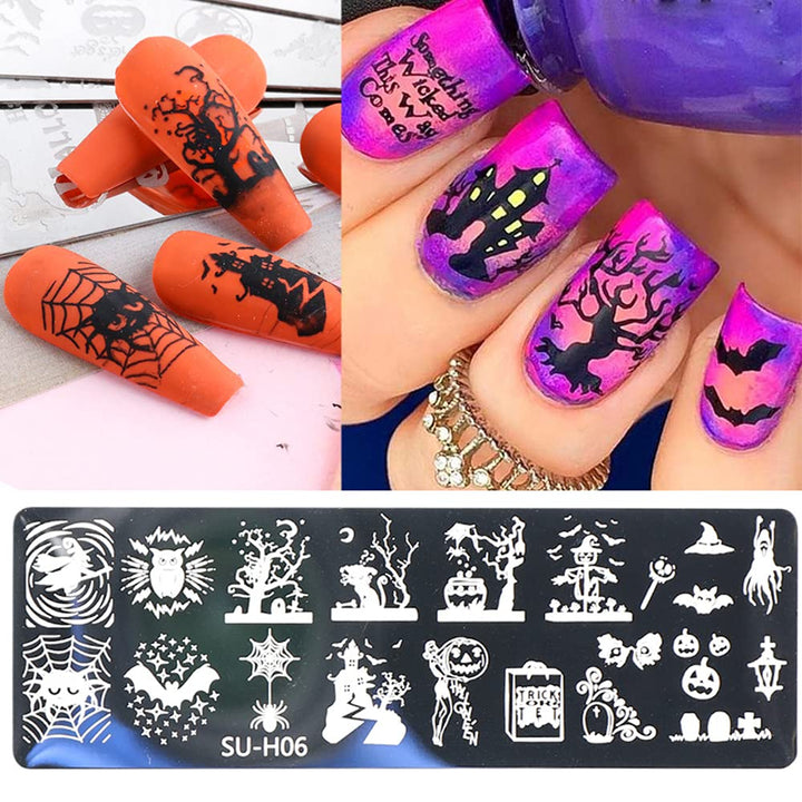 Halloween Nail Art Stamping Plates, 6 PCS Halloween Nail Stamper Kit Horror Ghost Skull Pumpkin Spider Witch Nail Art Stencils Plates Halloween Holiday Party Manicure Template Design Tool