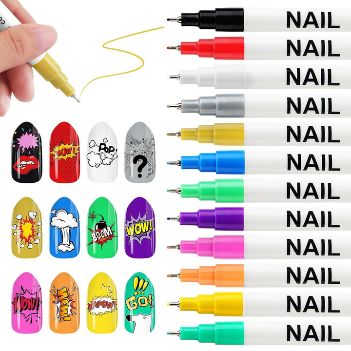 12 Color 3D Nail Art Pens Set,  0.5MM Nail Pens Nail Point Graffiti Dotting Pen Drawing Painting Liner Brush for DIY Nail Art Beauty Adorn Manicure Tools