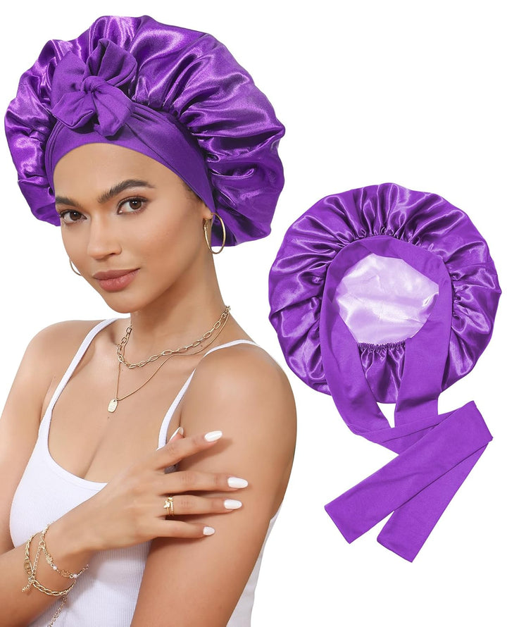 Satin Bonnet for Sleeping Cap Double Layer Hair Bonnet with Elastic Tie Band for Curly Hair Night Cap (Bean Paste + Pink)