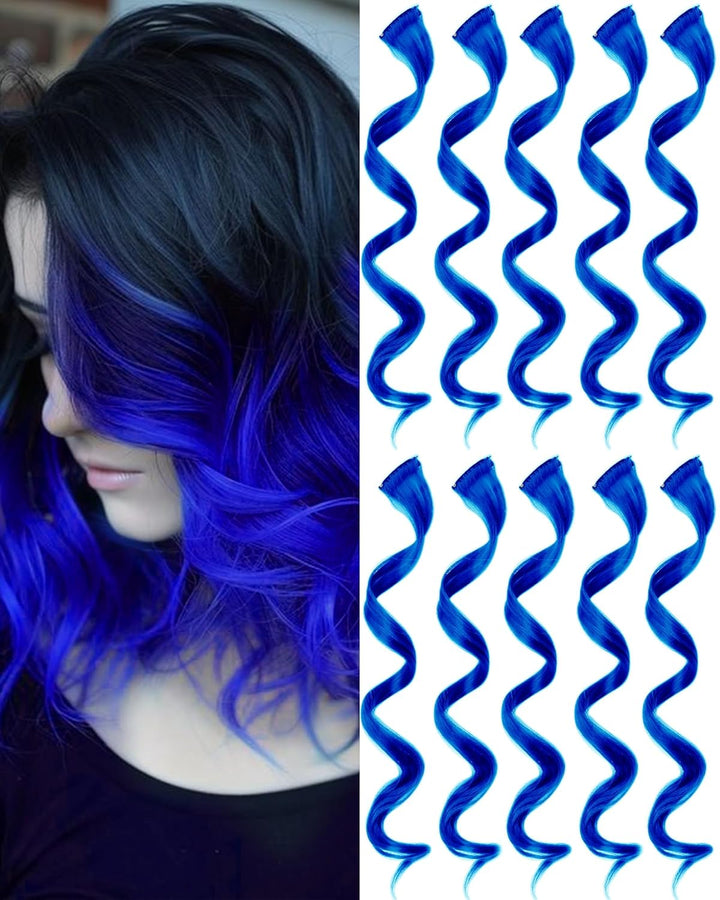 Red and Blue Hair Extensions Clip In,10 PCS Curly Wavy Synthetic Hairpieces Rainbow Neon Party Highlights, Colorful Hair Accessories for Girls Women 17 Inch (Red Blue)