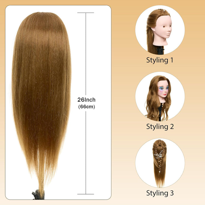 28" Mannequin Head Human Hair, 80% Real Hair Mannequin Head for Makeup Practice, Cosmetology Manikin Doll Head for Hair Styling, Hairdressing Training Head for Braiding #27