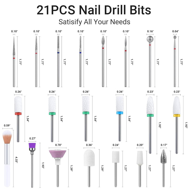21Pcs Nail Drill Bit Set, Professional 3/32'' Ceramic Diamond Carbide Acrylic Gel Nail Art Tool Kit, Cuticle Remover Bit for Acrylic Gel Dip Powder, Nail Manicure Pedicure, Salon Home
