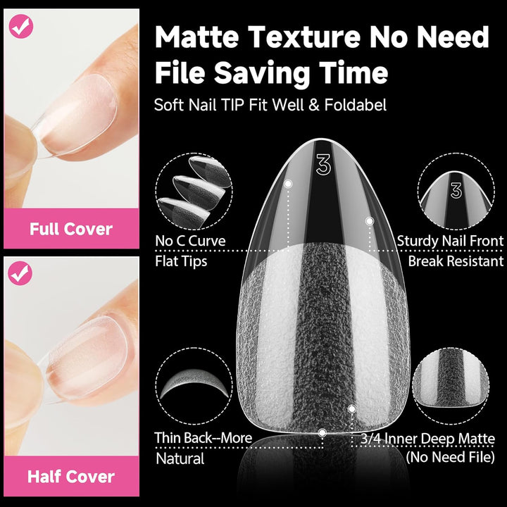 Short Almond Nail Tips, 312Pcs Short Almond Gel Nail Tips Shape Pre Etched Press on Nails Clear Acrylic Fake Nails No C Curve for Full Cover Nails Extension Home Art DIY Salon 12 Sizes