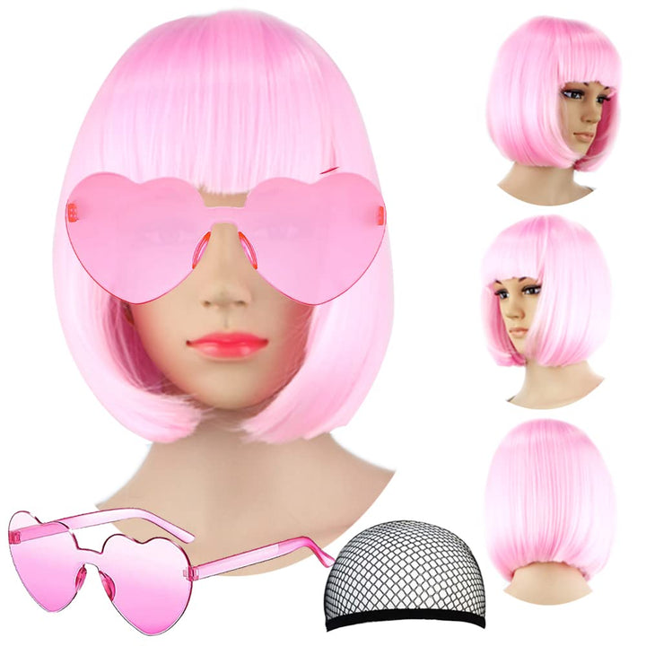 Short Bob Hair Wigs Straight with Flat Bangs Synthetic Colorful Cosplay Daily Party Neon Wig for Women + Free Wig Cap 14" Natural as Real