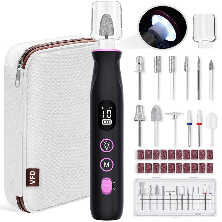 Electric Nail Drill, Cordless 2000 Mah Rechargeable Portable Nail File 12 in 1 Kit for Thick Toenails, 10 Speeds Nail Dril Machine Professional Manicure Pedicure for Hand Natural Nails Care (White)