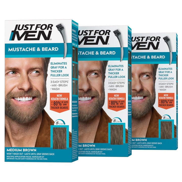 Mustache & Beard, Beard Coloring for Gray Hair with Brush, with Keratin Biotin Aloe and Coconut Oil for Healthy Facial Hair - Medium Brown, M-35, Pack of 1 (Packaging May Vary)