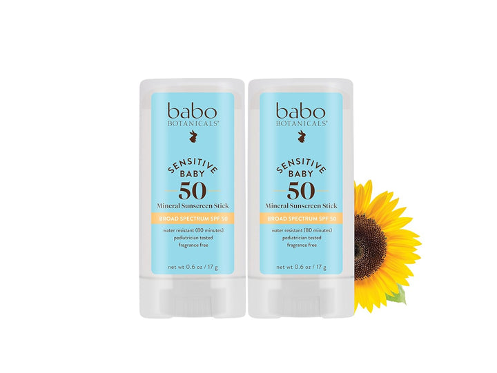 Babo Botanicals Sensitive Baby Mineral Sunscreen Stick SPF 50-70% Organic Ingredients - Zinc Oxide - NSF & Made Safe Certified - EWG Verified - Water Resistant - Fragrance-Free - for Babies & Kids