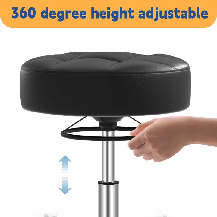 Heavy Duty 400Lb Rolling Stool: Super Soft Leather Seat Cushion, 360 Swivel, Height Adjustable, No Squeak, No Tip Over, Salon & Spa Stool (Black)
