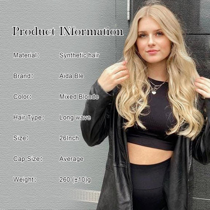 Mixed Blonde Long Wave Wig for Women -26Inch Middle Part Long Curly Wig Heat Resistant Synthetic Hair Looking Natural, Fiber Wig for Daily Party Use