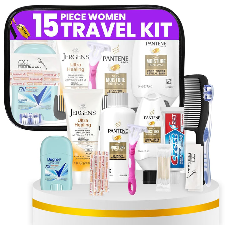 Travel Toiletry Kit for Women – 15 Piece Set of Premium Travel Size Toiletries, TSA Compliant Travel Essentials, Includes Shampoo and Conditioner, Body Wash, Toiletry Bag & More