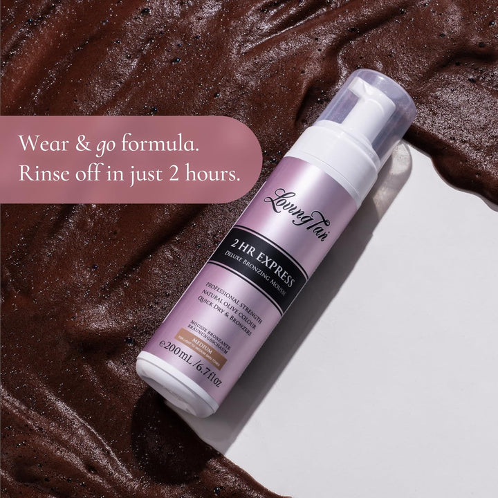 2 HR Express Self Tanning Mousse, Medium - Streak Free, Natural, Professional Quality - 5+ Sunless Self Tanner Applications per Bottle, Cruelty Free, Naturally Derived DHA - 4 FL Oz