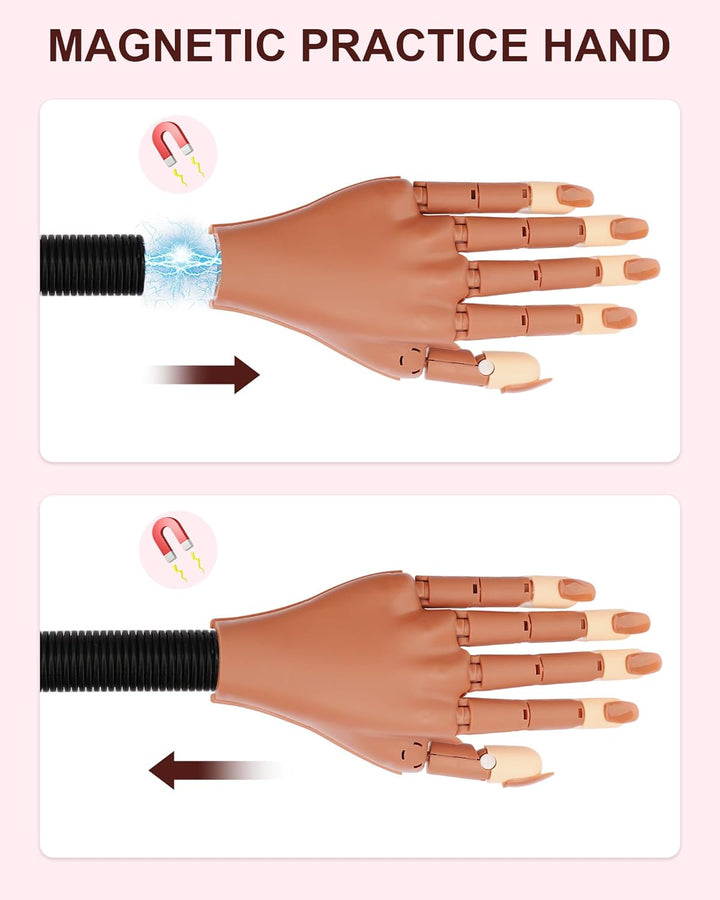 Practice Hand for Acrylic Nails, Flexible Nail Practice Hands Magnetic Fake Hands for Nails Practice, Movable Nail Mannequin Hand with 200PCS Nail Tips for Beginners,13.9 * 6.2 * 1.9