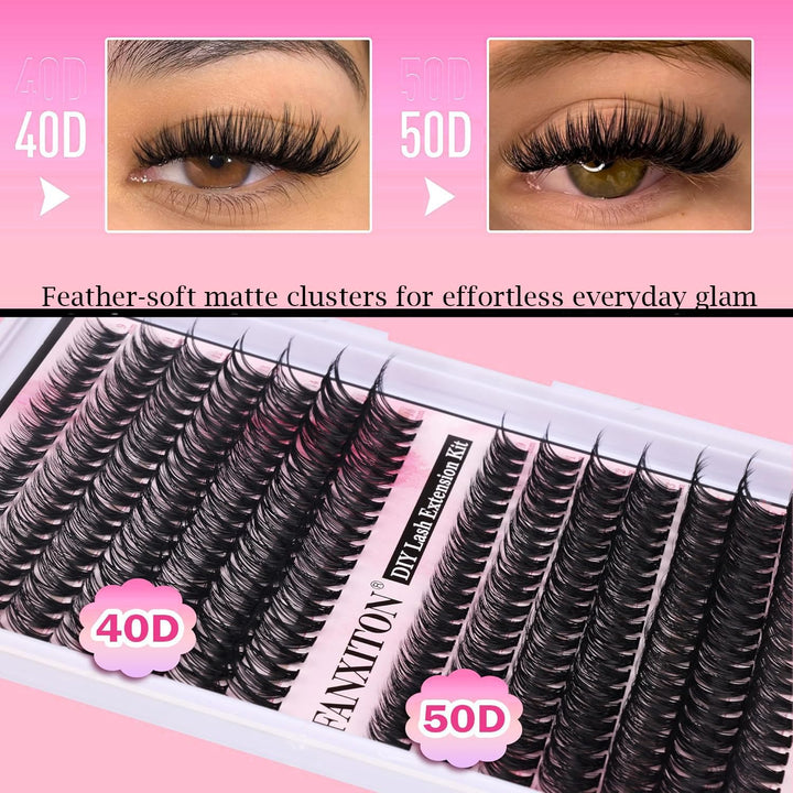 DIY Lash Extension Kit Volume Lash Clusters 40D+50D D Curvature Individual Lashes Lash Clusters Kit Thick Eyelash Extension Kit 280 Pcs Thin Band Cluster Lashes Lash Bond and Seal Tweezers