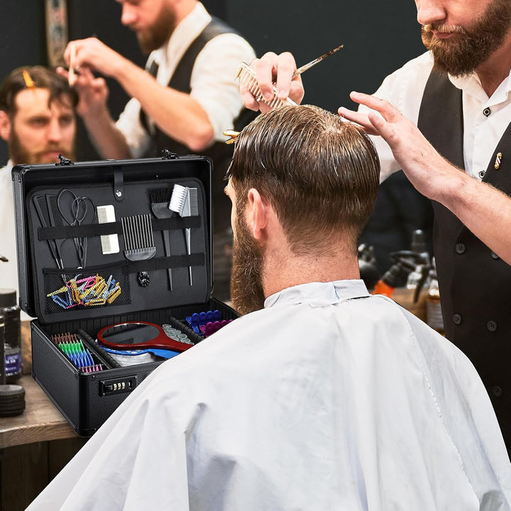 Barber Accessories Case, Profesional Barbers Briefcase Tool Case, Barber Cases for Clippers and Supplies, Hair Scissors Clippers Trimmer Organizer, Barbers Suitcase with Code Lock Black