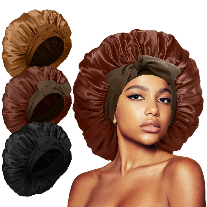 3Pcs Bonnets for Sleeping, Extra Satin Silk Bonnet for Sleeping Women with Tie Band for Curly Hair Jumbo Bonnet Braids