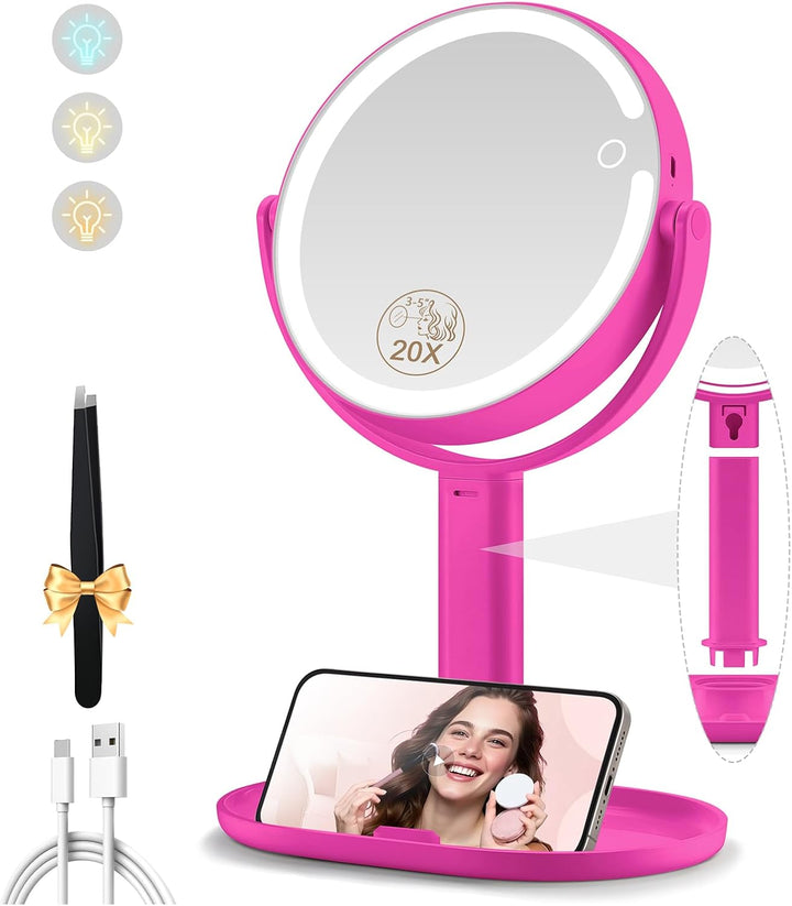 Makeup Mirror with Lights, Double Sided 1X/20X Magnifying Mirror with Light, Rechargeable 3 Color Lights and Adjustable Brightness, 360° Rotation Detachable Comes with Tweezer(White)