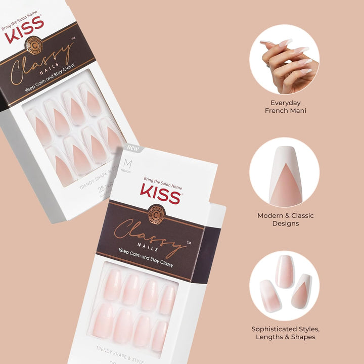 Classy, Press on Nails, Nail Glue Included, 'Dashing', Light White, Medium Size, Almond Shape, Includes 28 Nails, 2G Glue, 1 Manicure Stick, 1 Mini File