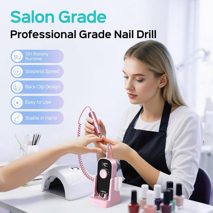 Professional Rechargeable Electric Nail Drill 40000 RPM, Portable Nail File with Storage Stand for Acrylic Gel Polishing Removing - Easy to Use for Women, Manicure at Home DIY or Salon, Pink