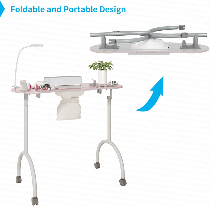 Portable Manicure Nail Table, Foldable Manicure Table with Dust Collector Fan, LED Lamp, 4 Lockable Wheels and Carry Bag, Professional Nail Desk with Wrist Cushion (Pink)
