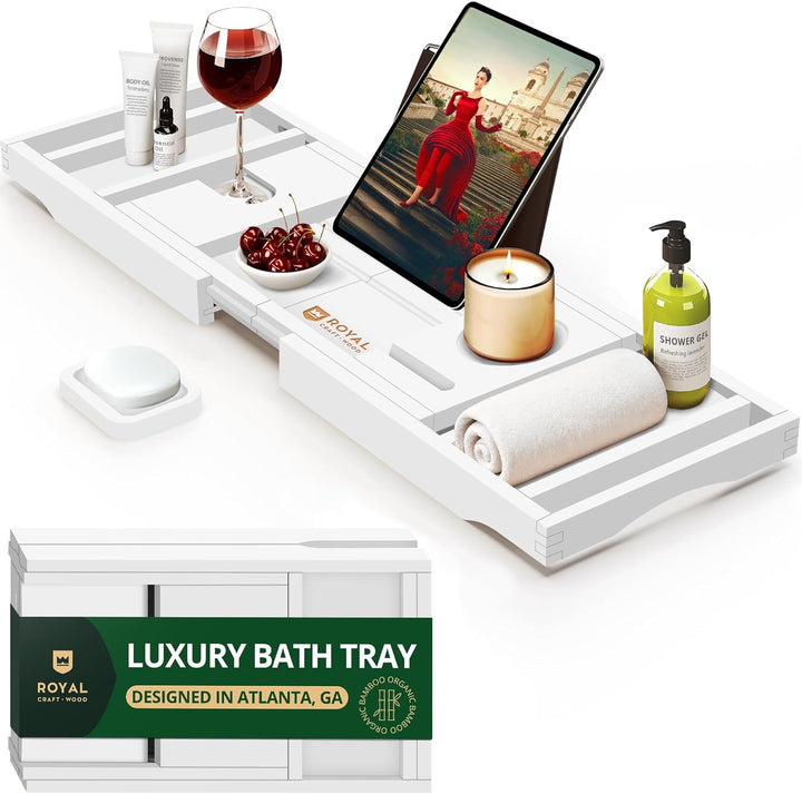 Premium Foldable Bathtub Tray Caddy - Wood Bath Tray for Tub, Bamboo Shelf, Expandable Bath Table Trays, Bathtub & Bathroom Accessories for New Home & Mothers, Birthday Gifts for Mom