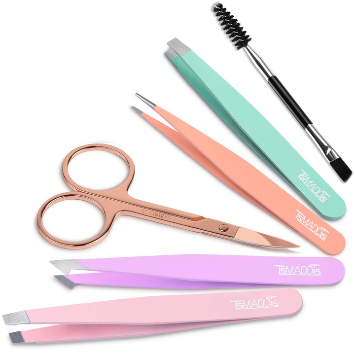 6 PCS Tweezers Set for Women, Eyebrow Tweezers with Curved Scissor for Ingrown Hair, Hair Plucking Daily Beauty Tools with Leather Travel Case