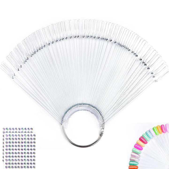 Nail Color Swatches Sticks with Ring, 50Pcs Clear Fan Shape Nail Art Polish Display Tips with Number Stickers False Nail Sample Sticks, Transparent Nail Practice-Tips for Manicure